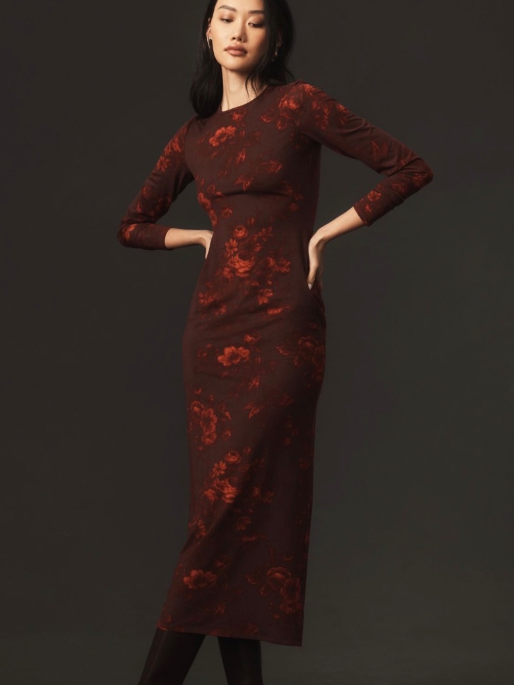 Reformation Dress - “Tommie Knit Midi Dress” burgundy/red floral body con